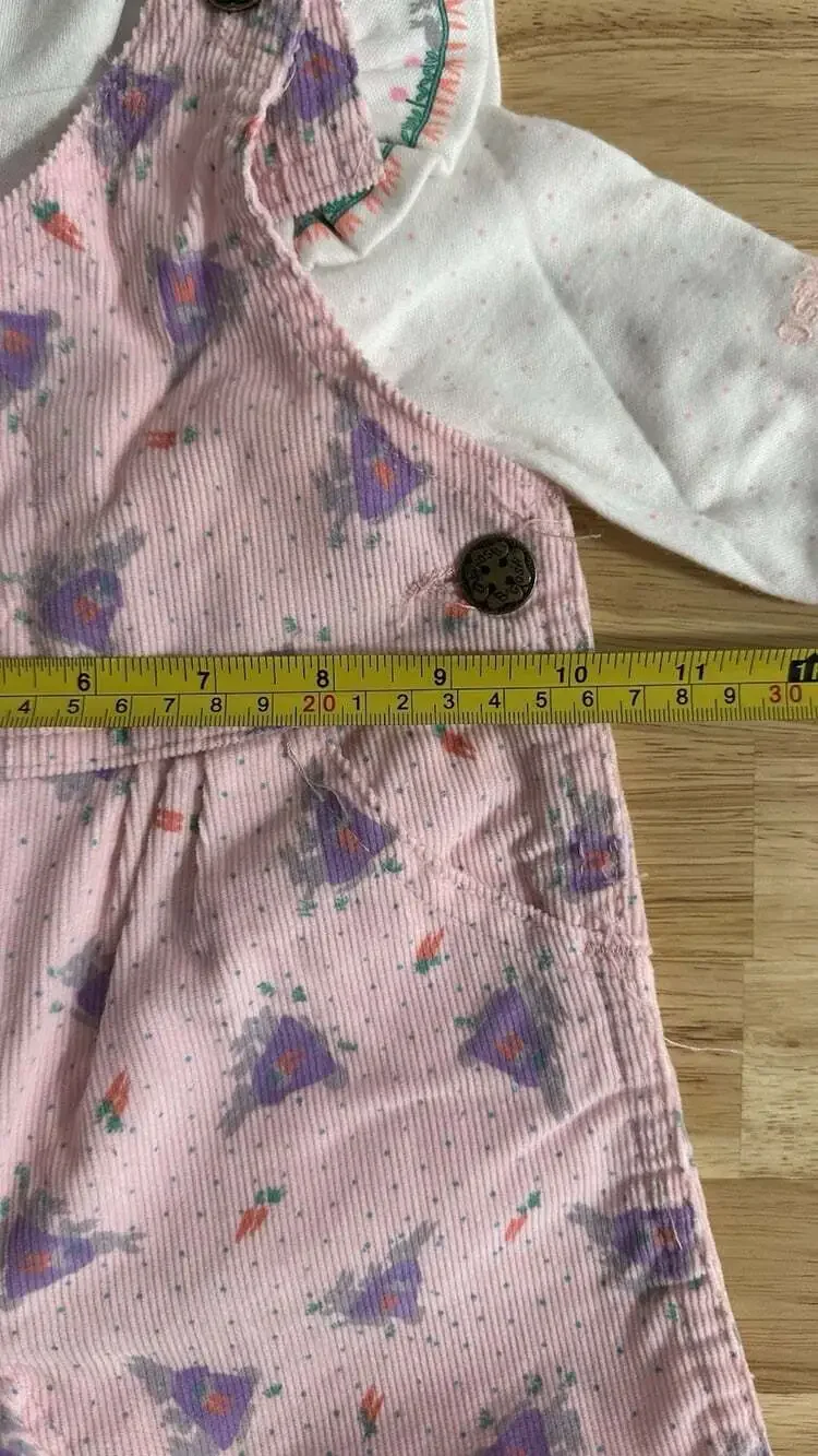 Vintage Oshkosh Pink Baby Girl Bunny Overalls & Long Sleeve Bunny Bodysuit 3-6M